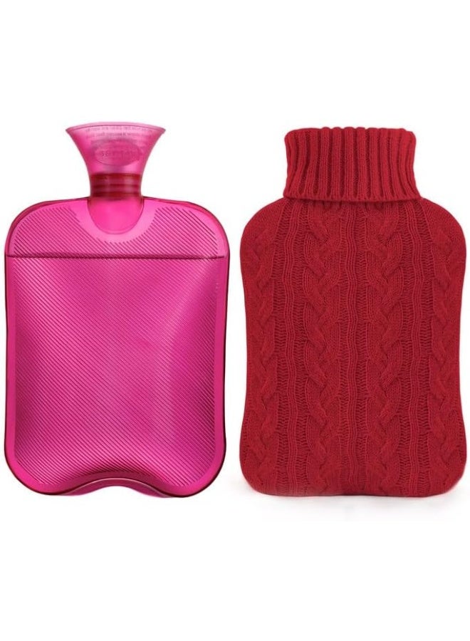 Samply Hot Water Bottle with Knitted Cover, 2L Hot Water Bag for Hot and Cold Compress, Hand Feet Warmer, Ideal for Menstrual Cramps, Neck and Shoulder Pain Relief, Red - Image 1